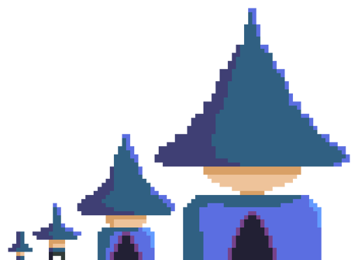 Four pixel character sprites depicting a wizard with a really big hat, each having a different resolution: from the smallest one with 8 by 8 pixels, up to the one with 64 by 64 pixels. Two highest resolution wizards wear a mantle while the 16 by 16 pixels sprite has legs.