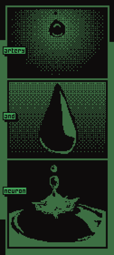 Three panels of a dropplet falling on an eyeball, text: "artery", "and", "neuron"