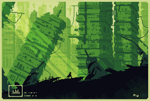Pixelart of a post-apocalyptic city ruins, cables hanging between destroyed buildings, a tiny dark silhouette in the middle climbing over the rubble, and surrounded by luminous flying creatures.
