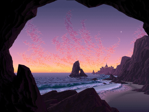 A sunset over the water, viewed from within a cave near a beach. A cluster of oddly shaped buildings is seen in the distance.