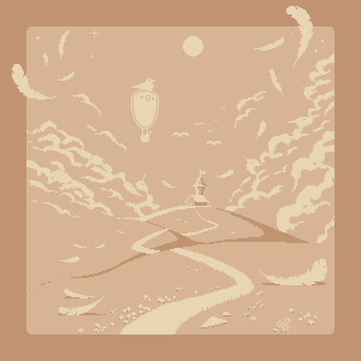 pixel art in brown colors. a path across hills leads to a house with a tower and flag. large feathers lie beside the path. puffy clouds in the sky. above the house, a hot air balloon is deformed by a large bird perched on it. a flock of birds approaches the balloon. some clouds have bird-like shapes