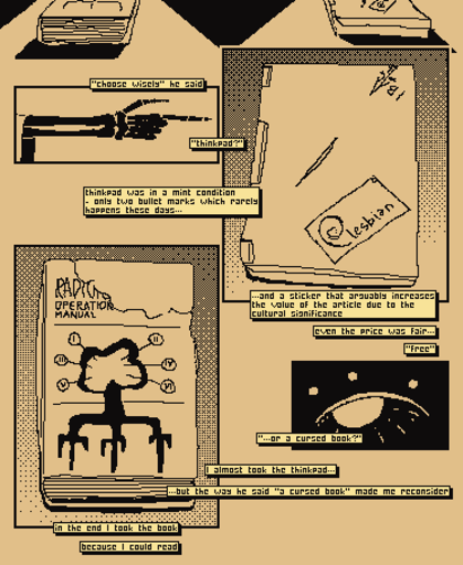 spikefield creature: "choose wisely: thinkpad or a cursed book?" a thinkpad with two bullet marks and a cursed book in front of him. "thinkpad was in a mint condition - only two bulletmarks, which rarely happens these days... and a sticker that arguably increases the value of the article due to the cultural signigicance (sticker with debian logo and text 'lesbian'), even the proce was fair - free. I almost took the thinkpad, but the way he said 'a cursed book' made me reconsider, in the end I took the book - because I could read."