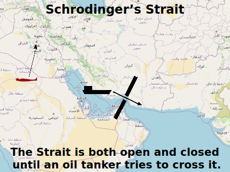 Map of the Strait of Hormuz as a slit with the caption 'Schroedinger's Strait: the Strait is both open and closed until an oil tanker tries to cross it'.
