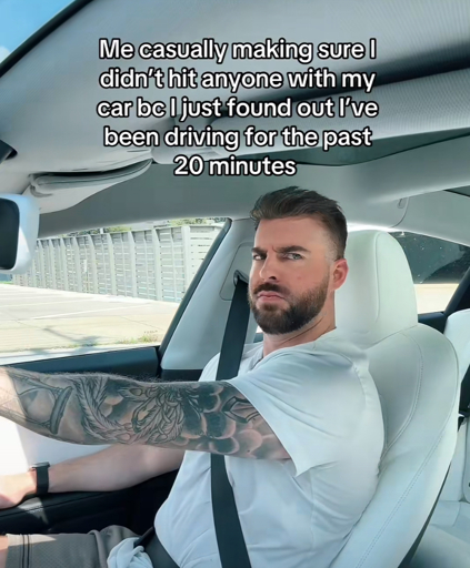 Me casually making sure l didn't hit anyone with my car be I just found out I've been driving for the past 20 minutes. (TikTok screenshot)