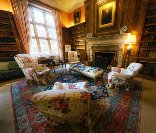 A sumptuous library interior showcases rich wooden panelling and floor-to-ceiling bookshelves, with warm golden lighting casting an inviting glow across the room. Floral-patterned armchairs with delicate rose and cream upholstery are artfully arranged on an intricate blue and red Persian rug, surrounding a coffee table laden with blue-bound books. Elegant curtains frame a large mullioned window, whilst ornate portrait paintings and delicate decorative plates adorn the wood-panelled walls, creating an atmosphere of timeless British aristocratic comfort and scholarly refinement.