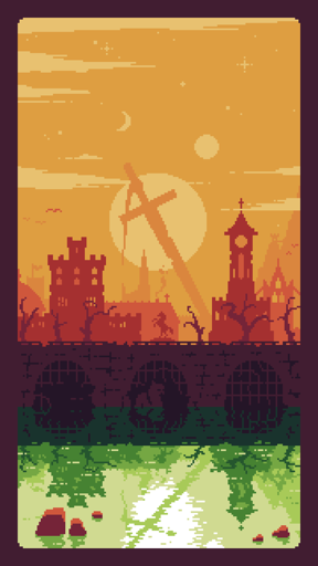 medieval landscape pixel art, town in front, huge sword in the background, 2 suns and a crescent moon in the sky. the whole scene is reflected in the water. a few monsters lurking in the water