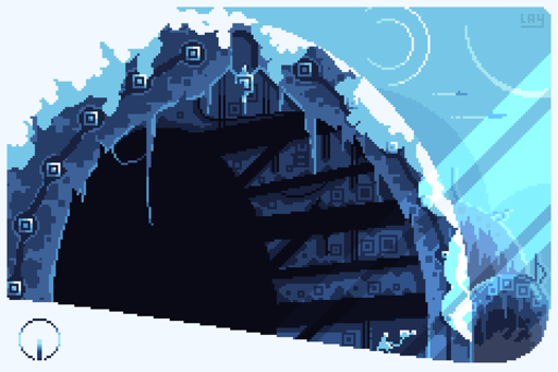 Pixelart of a snowy environment, a bright light beam is shining on a tiny character silhouette whilst looking up at a massive abandoned tunnel, the background shows more tunnels scattered across the landscape.
