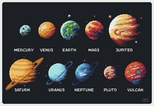 A pixelart showing the 8 planets of the solar system along with Pluto and Vulcan, with their main moons.