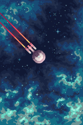 Pixelart of the Enterprise starship boldly going into a dense pale blue nebula, complemented by the red engine fumes coming out of the Enterprise, the dark background behind is filled with tiny bright stars.