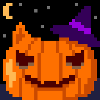 A pixel art of a spooky pumpkin with cat ears and a witch hat, with night sky in the background.