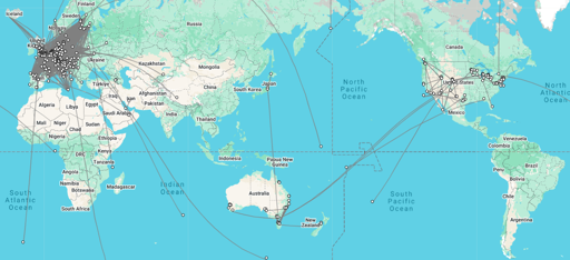 A  global map shows a thick cluster of gray connection lines over western Europe and relatively few in every other continent.