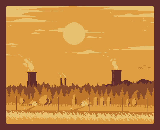 pixel art landscape, tall grass in front, some houses and trees across the road, cooling towers and chimneys far in the distance