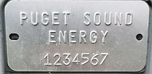 A Puget Sound Energy gas meter badge with the unique ID of 1234567