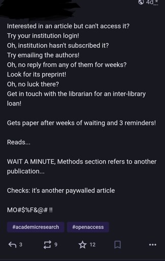 A Mastodon post of someone complaining about the inaccessibility of research papers
